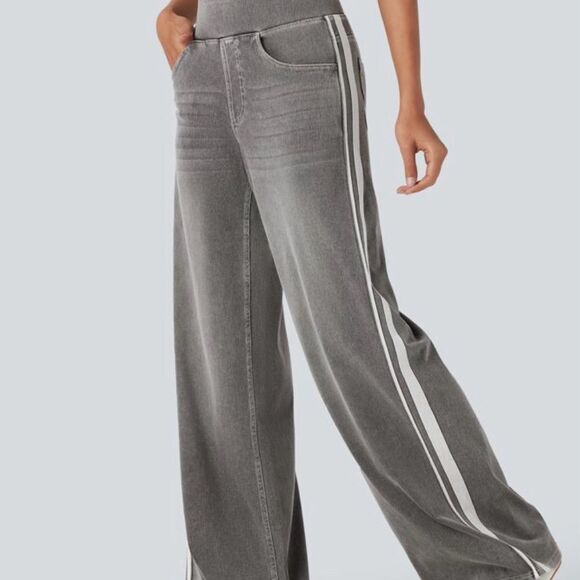 Halara Pants - Halara Flex High-Waisted Wide Leg Side Stripe Denim-Look Pants - Grey XL
